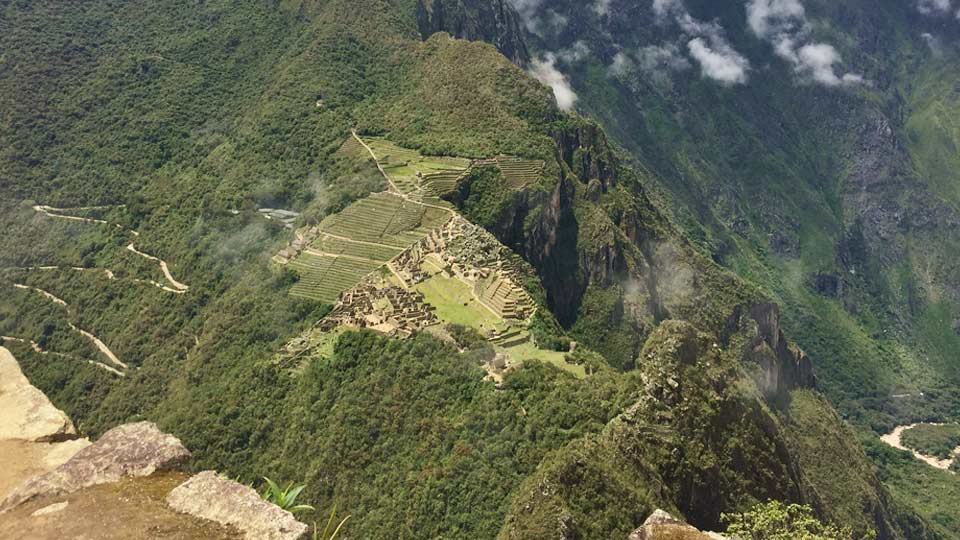view of inca citadel from huaynapicchu, machu picchu mountain